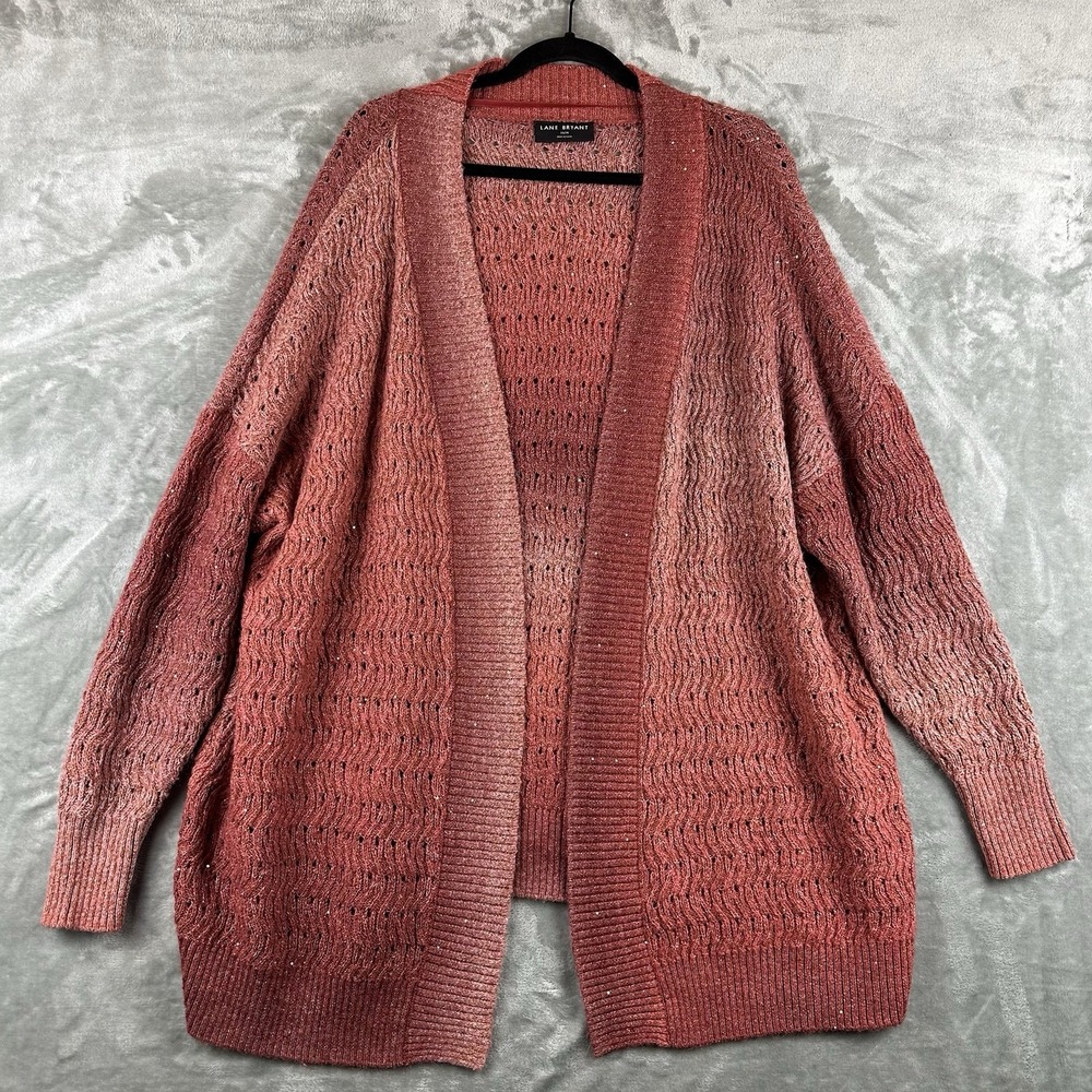 Lane Bryant Lurex Shimmer Open-Front Stitch Cardigan Women's 26 / 28 Red Ombre